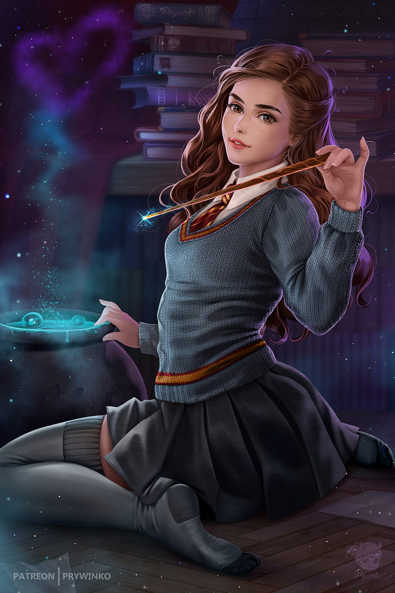 Hermione Granger, brunette, cauldron, digital art, harry, magic, potter, uniform, wand, HD phone wallpaper