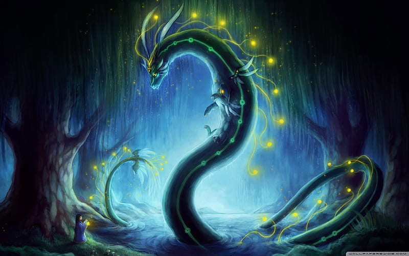 Lake Dragon, art, cool, legendary, serpent, swamp, wise, HD wallpaper