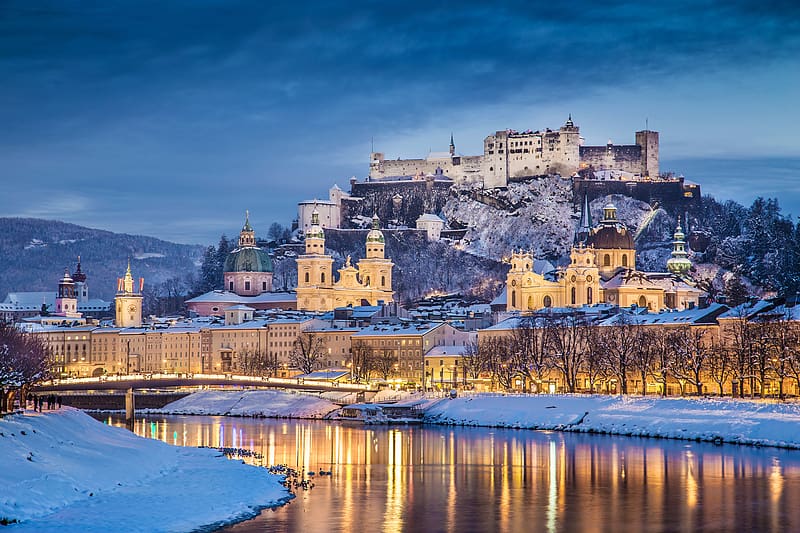 Winter, Snow, Castles, Austria, Evening, Salzburg, River, , Castle, Hohensalzburg Castle, HD wallpaper