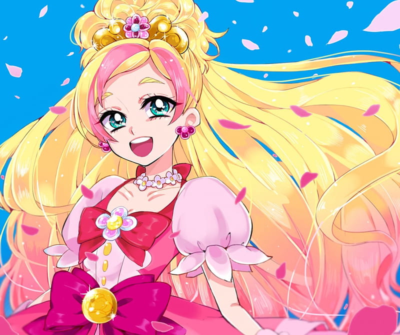 Cure Flora, pretty, dress, blond, adorable, floral, sweet, magical girl, blossom, nice, pretty cure, anime, anime girl, long hair, pink, female, blonde, smile, blonde hair, smiling, blond hair, happy, cute, lovley, kawaii, girl, precure, flower, petals, princess, HD wallpaper