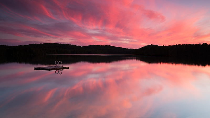 glorious calm lake, shore, sunset, ramp, clouds, lake, HD wallpaper