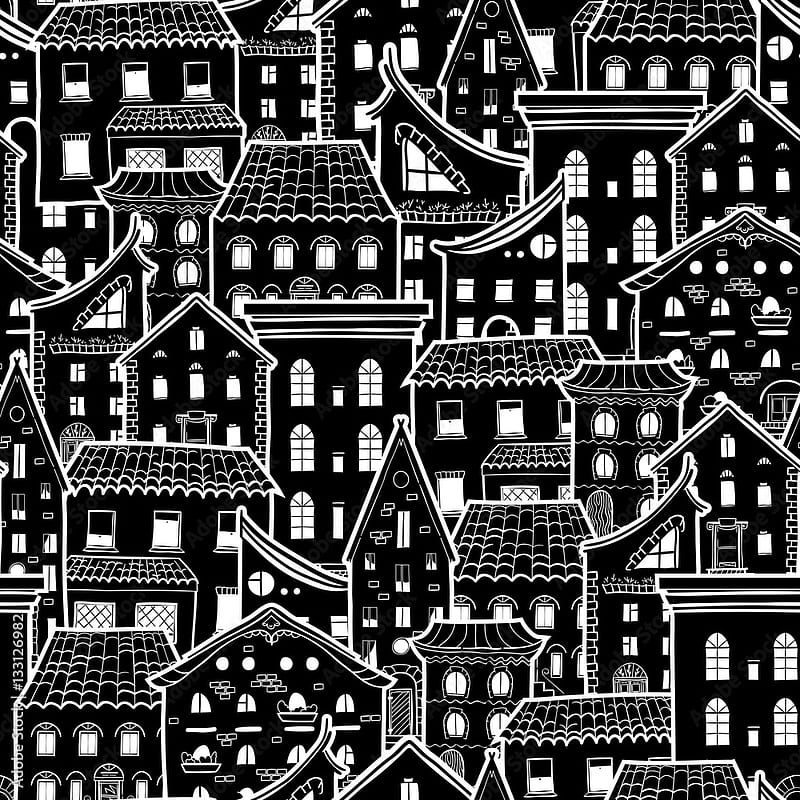 Dark seamless pattern with houses, doodle house vector background, monochrome house , good for design fabric, wrapping paper, postcards, EPS 8 Stock Vector, HD phone wallpaper