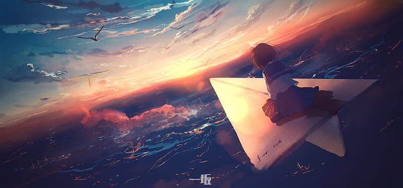 Anime Girl Flying Paper Plane , anime-girl, anime, artist, artwork, digital-art, HD wallpaper