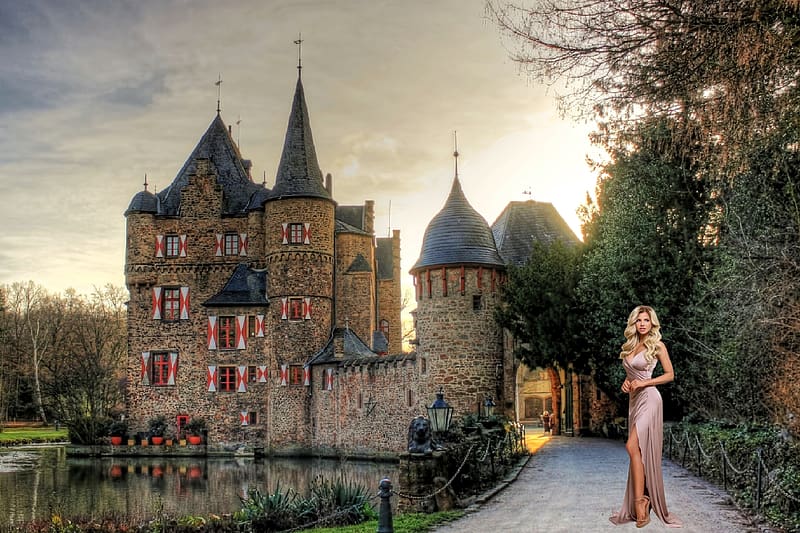 Nata Lee at a Castle, castle, driveway, moat, model, blonde, gown, HD wallpaper
