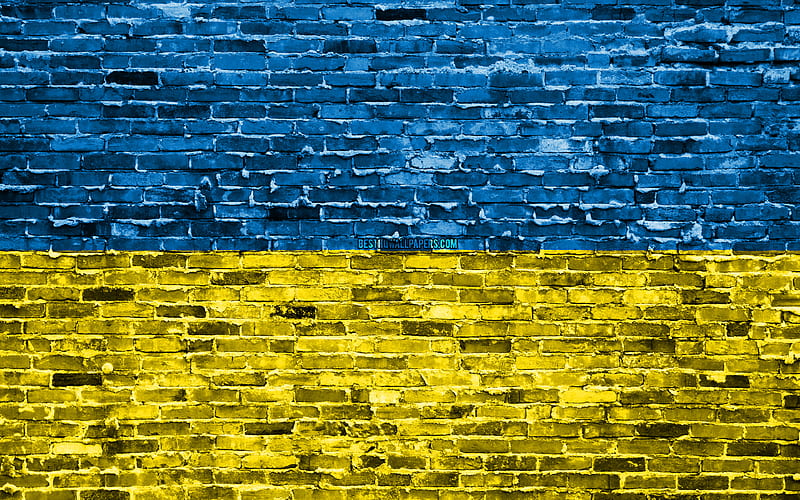 Ukrainian flag, bricks texture, Europe, national symbols, Flag of Ukraine, brickwall, Ukraine 3D flag, European countries, Ukraine, HD wallpaper
