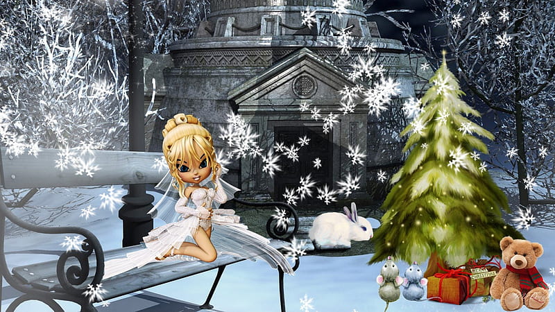 Fairy Land Winter Holiday, Christmas, rabbit, house, Feliz Navidad, mice, bench, trees, sexy, winter, goth, snow, snowflakes, bunny, presents, fairy, gifts, HD wallpaper