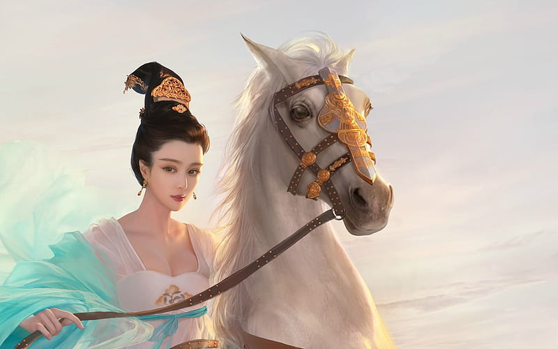 Empress of China on horse, art, frumusete, fantasy, fan bingbing, luminos, empress of china, horse, animal, HD wallpaper