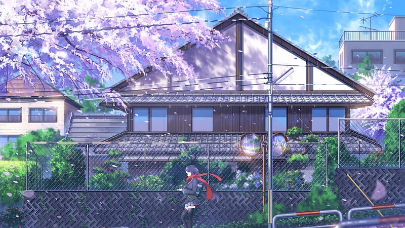 Anime Scenery, sakura, house, japanese, spring, cherry blossom, japan,  girl, HD wallpaper | Peakpx