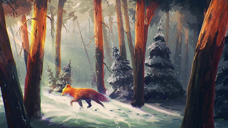Winter Fox, Firefox theme, fox, snow, sunlight, woods, hunt, trees, winter, HD wallpaper