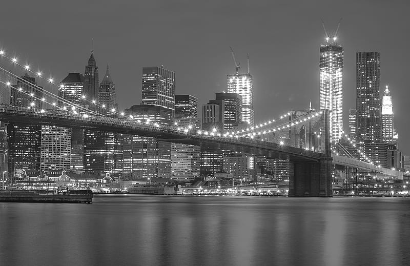 grayscale of lighted Brooklyn Bridge, HD wallpaper