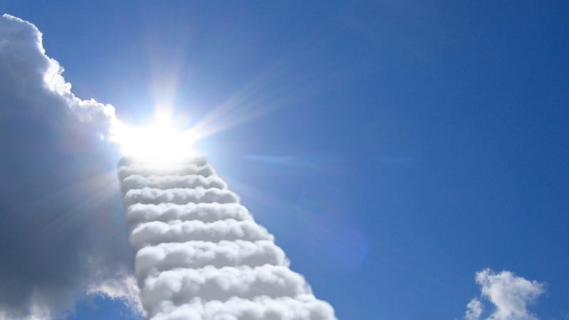 Cloud stairs, sun, cloud, day, stairs, white, sky, blue, HD wallpaper