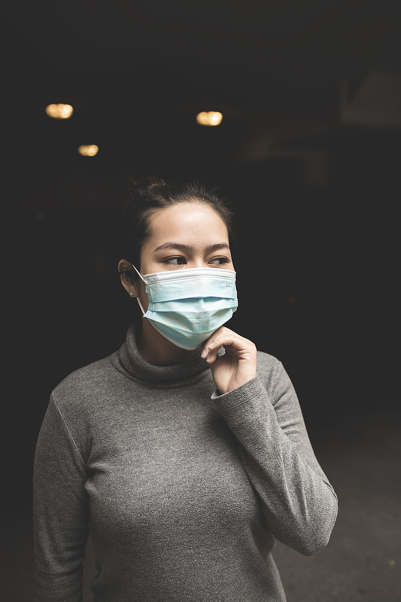 woman wearing teal mask and gray turtle-neck shirt, HD phone wallpaper