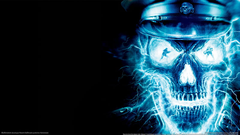 Electric skull-wolfenstein, electric, wolfenstein, ghost, blue, HD wallpaper