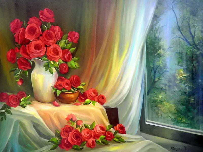 Still life, red, pretty, house, vase, bonito, leaves, nice, painting, room, tender, art, cozy, lovely, window, view, delicate, roses, trees, freshness, bouquet, petals, HD wallpaper