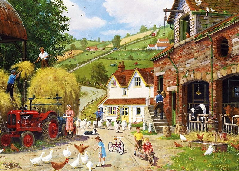 Tea at the Farm, tree, house, tractor, people, painting, poultry, stable, artwork, HD wallpaper