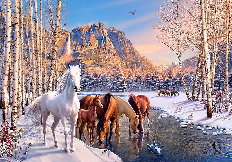 Winter Melt, snow, mountains, painting, waterfall, river, horse, aspens, HD wallpaper