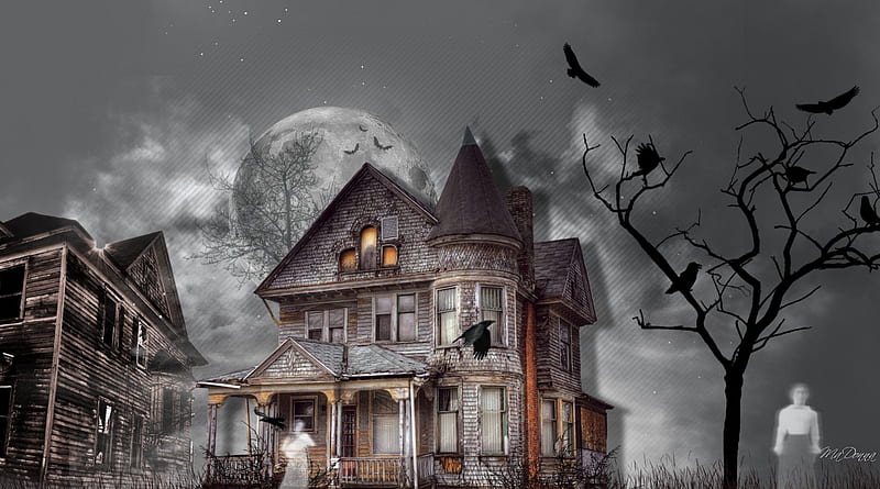 House of Haunted Past, house, bats, haunted, trees, fog, mist, ravens, goth, moon, spooky, ghosts, scary, Halloween, Gothic, HD wallpaper