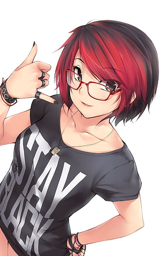 anime, anime girls, short hair, redhead, glasses, kopianget, HD phone wallpaper
