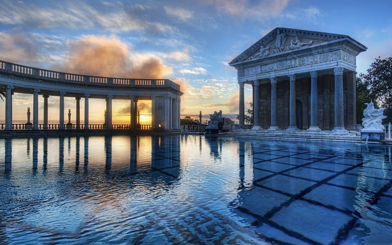 Neptune Pool, california, hearst castle, bonito, sky, clouds, pool, water, sunsets, nature, HD wallpaper