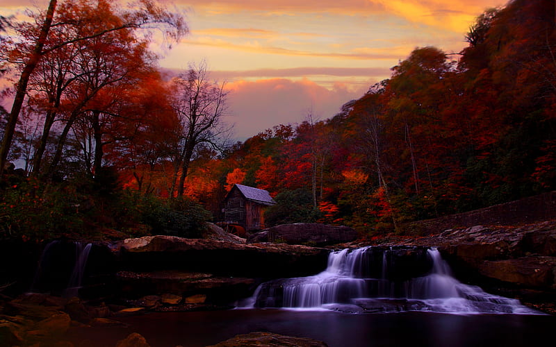 SUNSET MILL, fall, watefalls, mill, sunset, foliage, HD wallpaper