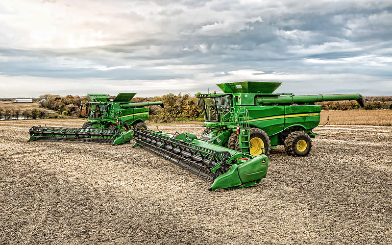 John Deere S670 two harvesters in the field, 2019 combines​, wheat harvest, grain harvesting, agricultural machinery, R, combine harvester, 645FD, Combine​ in the field, agriculture, John Deere, HD wallpaper