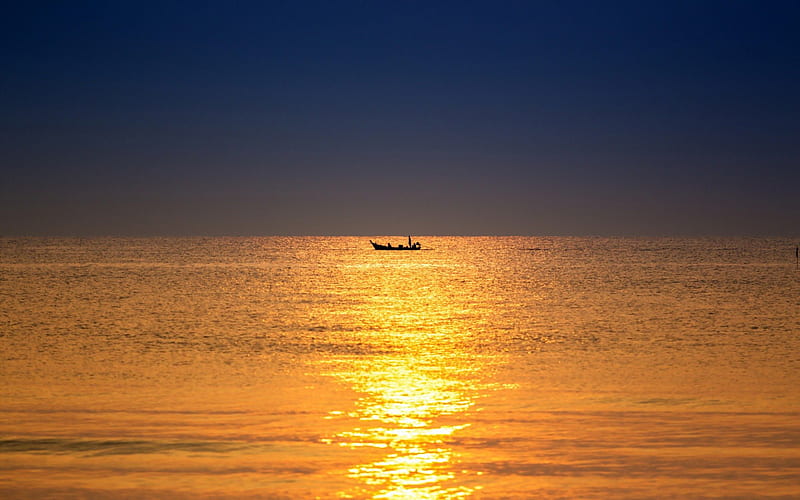 Beautiful View, ocean, fishermen, bonito, sunset, sky, sea, boat, nature, blue, HD wallpaper