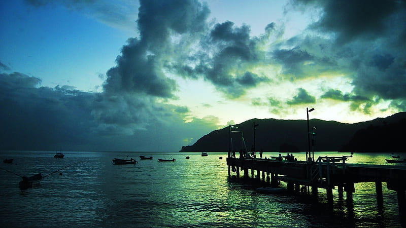 Pier During Sunset, trinidad and tobago, water, boats, nature, sunset, clouds, sky, HD wallpaper