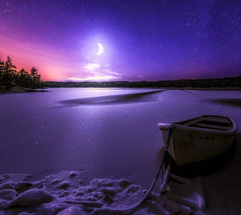 Winter Night, boat, lake, moon, HD wallpaper