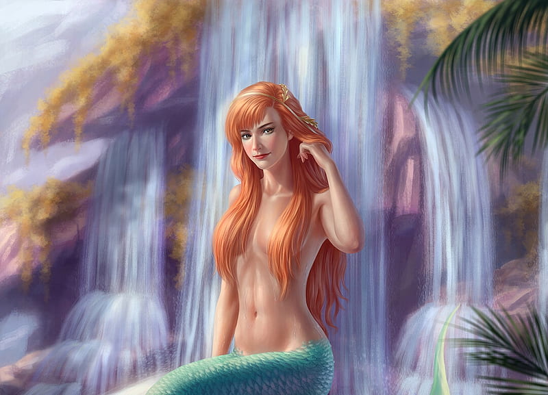 Mermaid, waterfall, summer, siren, redhead, luminos, crystalrain, vara, fantasy, crystalrain272, girl, HD wallpaper