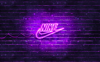 Nike violet logo violet brickwall, Nike logo, sports brands, Nike neon logo, Nike, HD wallpaper