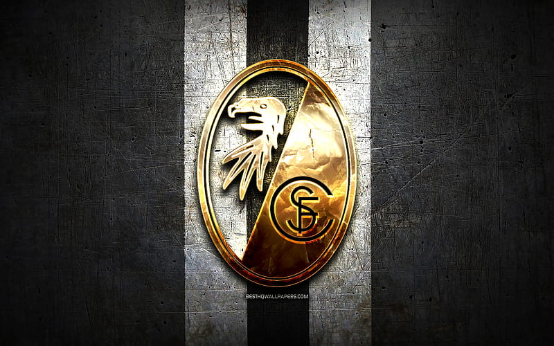 SC Freiburg, golden logo, Bundesliga, black metal background, football, Freiburg FC, german football club, SC Freiburg logo, soccer, Germany, HD wallpaper