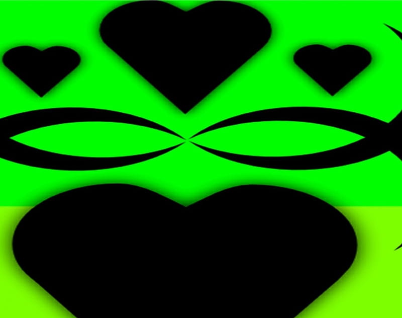 Bright Green Black Hearts, black hearts, labrano, black, corazones, lime, gizzzi, green, tribal, bright, bright green, HD wallpaper