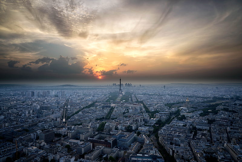 paris, france, architecture, sunset, sky, aerial view, HD wallpaper