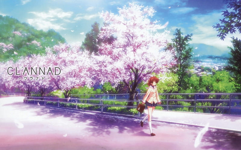 Clanned, brwon hair, sakura, side walk, town, trees, sky, cute, uniform, anime, Furukawa Nagisa, walkng, flowers, pink, HD wallpaper