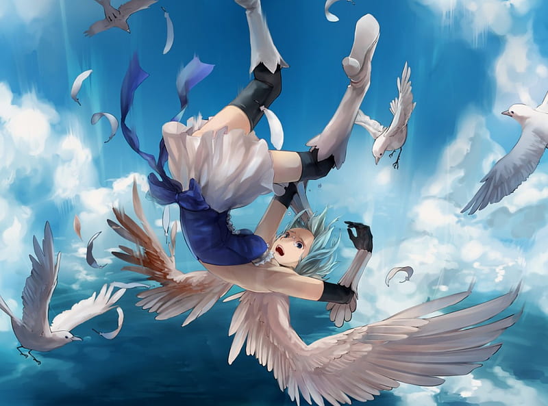 Help!!!!!, female, wings, dress, falling, ocean, angel, sky, clouds, girl, bird, anime, HD wallpaper