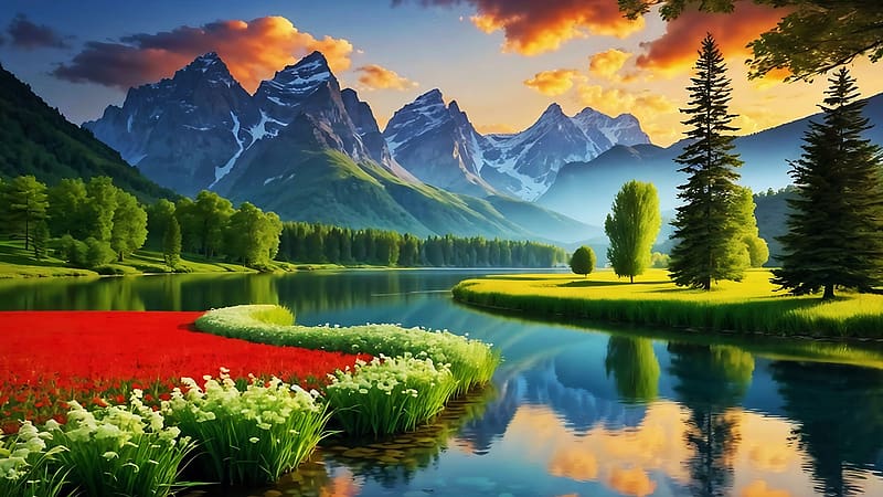 Peaceful Landscape, clouds, flowers, reflections, trees, water, landscape, mountains, sky, HD wallpaper