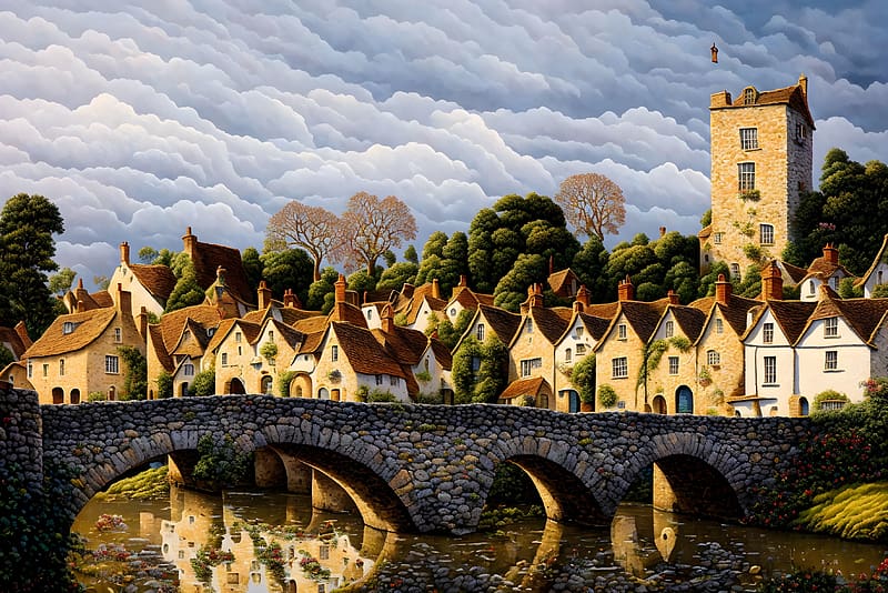 Old English village, bridge, houses, tower, village, river, HD wallpaper