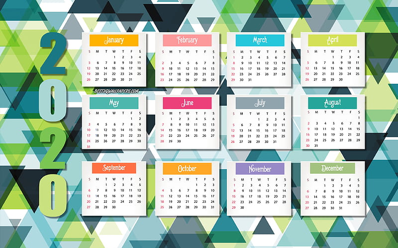 Year 2020 Calendar, green mosaic background, green geometric background, calendar 2020, all months, 2020 concepts, calendar for 2020 all months, HD wallpaper