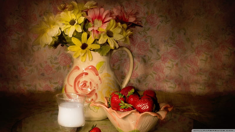 Bowl of Strawberries, glass, still life, flowers, strawberries, milk, vintage, milk jug, bowl, HD wallpaper