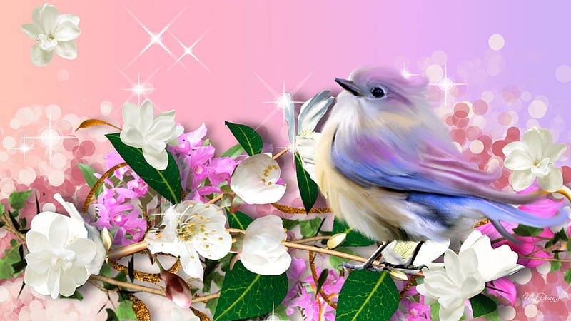 A Little Bird Told Me, lilac, stars, Sakura, spring, lavender, ribbons, apple blossoms, cherry blossoms, sweet, purple, bird, summer, feminine, pastel, pink, HD wallpaper