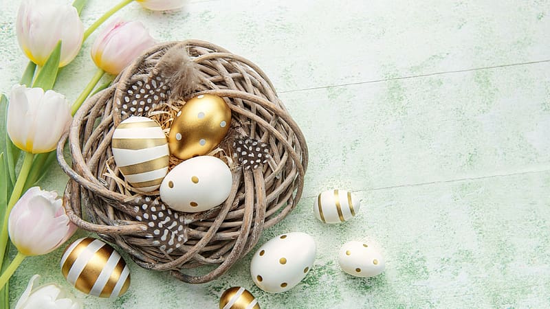 Happy Easter!, egg, feather, eggs, tulip, flower, easter, basket, white, lalele, nest, green, golden, card, HD wallpaper