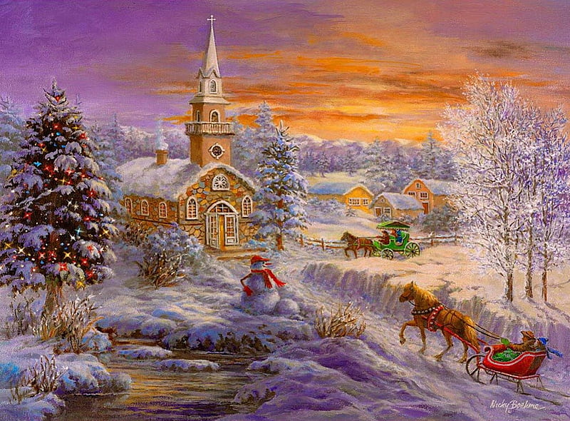 Holiday worship, bonito, snowy, lights, cold, nice, lovelym, painting, path, village, frost, art, amazing, worshio, view, holiday, christmas, houses, decoration, church, sky, trees, snowman, horses, winter, snow, peaceful, nature, frozen, HD wallpaper