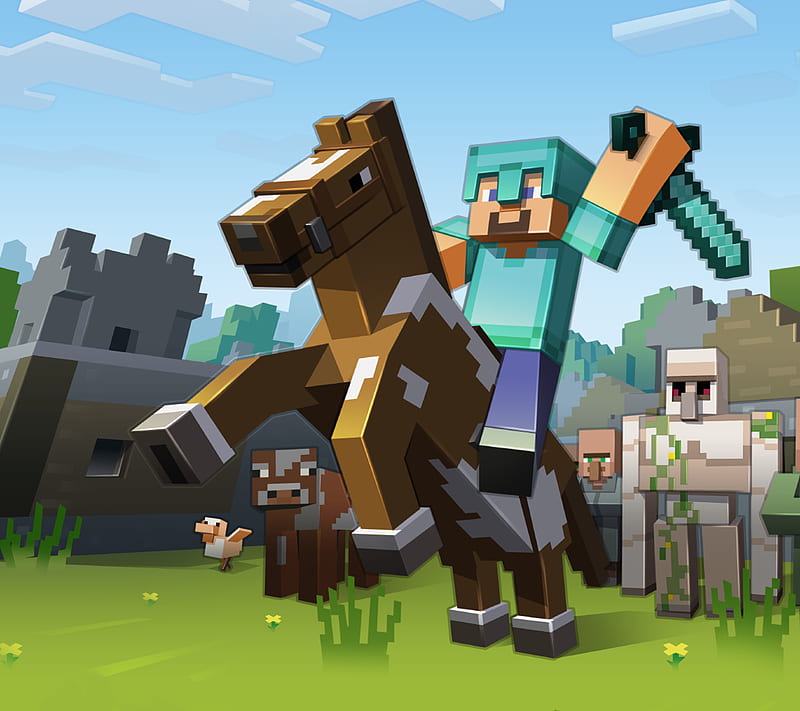 Minecraft, blocks, horse, steve, HD wallpaper