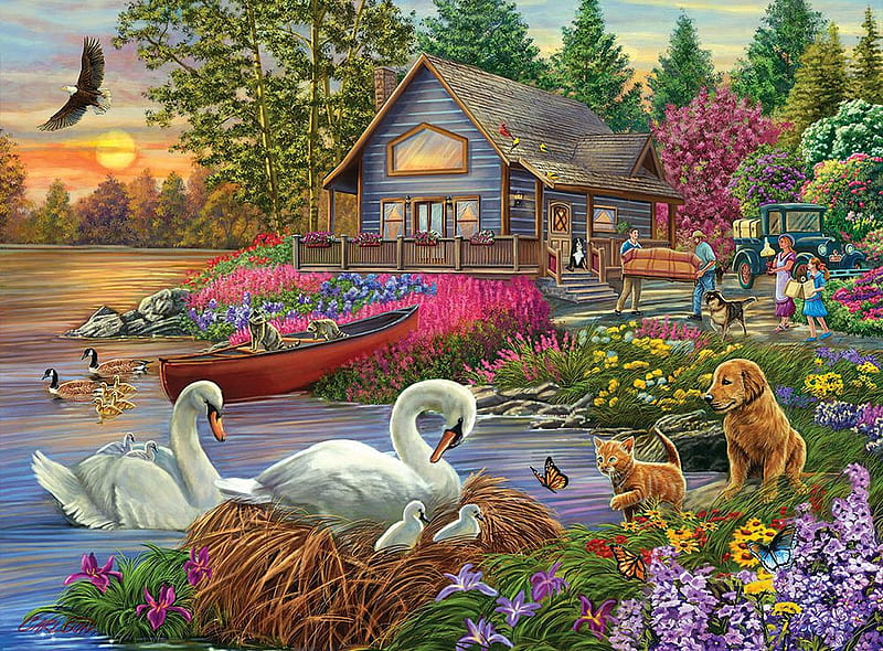 Settling In, raccoons, eagle, ducks, cabin, butterflies, trees, cat, artwork, swans, lake, boat, car, people, flowers, sofa, dog, painting, HD wallpaper