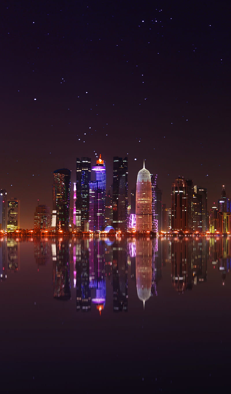 Doha, istanbul, night, qatar, reflection, sea, sky, skyscrapers, stars, HD phone wallpaper