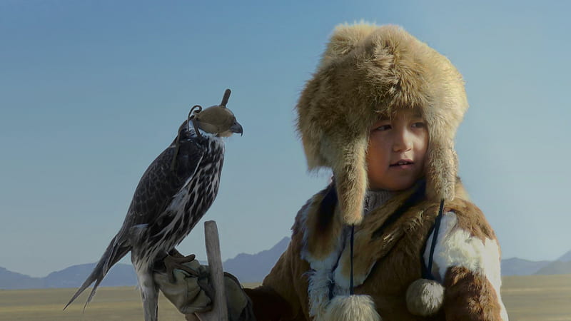 Young Mongolian Girl with her Hunting Bird, Young Mongolian, Bird, Girl with her Hunting, animal, HD wallpaper