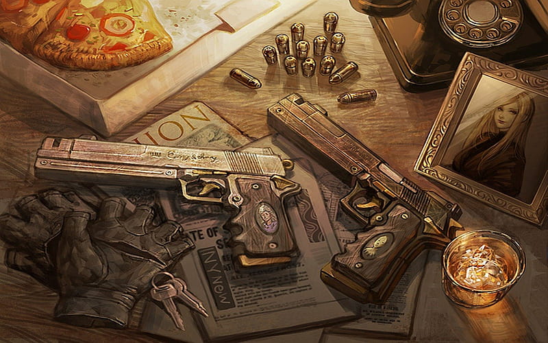 Dante's Desk, guns, video game, dante, devil may cry, HD wallpaper