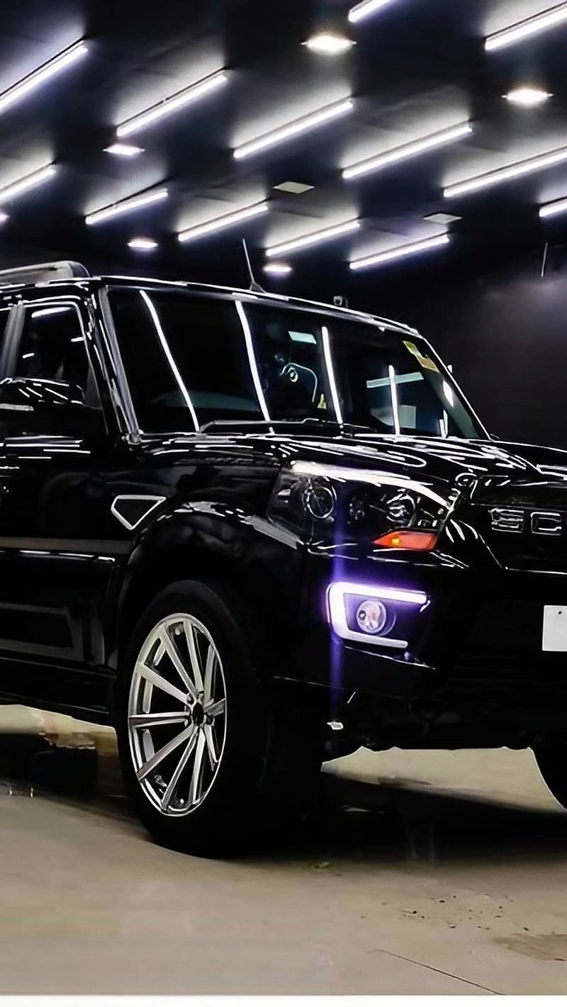 Black Scorpio, Led Light Background, black car, HD phone wallpaper