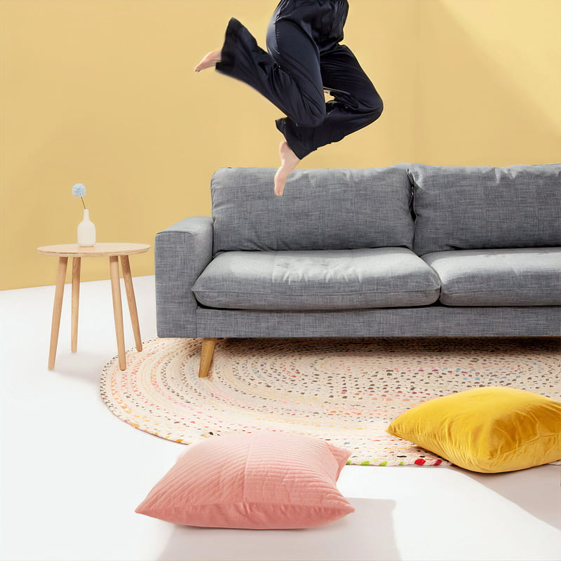 person, jump, sofa, pillows, HD phone wallpaper