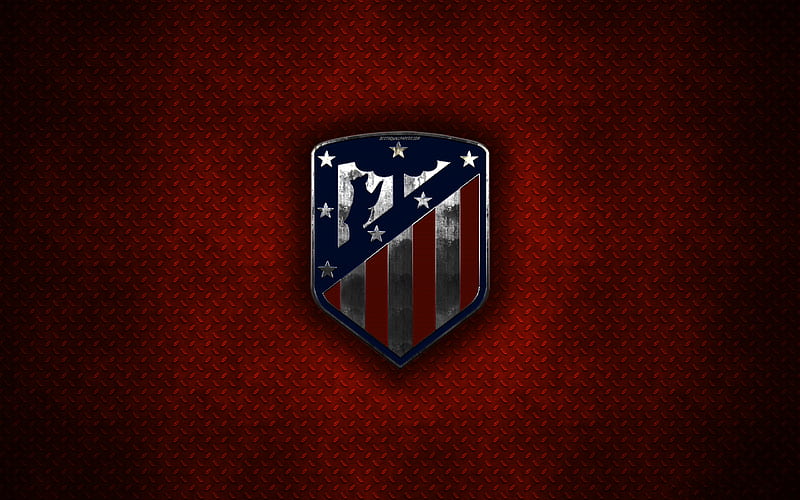 Atletico Madrid, metal logo, new logo, creative art, Spanish football club, new emblem, red metal background, La Liga, Madrid, Spain, football, HD wallpaper